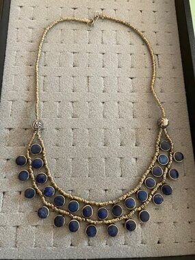 Vintage Necklace Lapis Brass Statement Handmade 1960s Tiered Retro Imported 21"